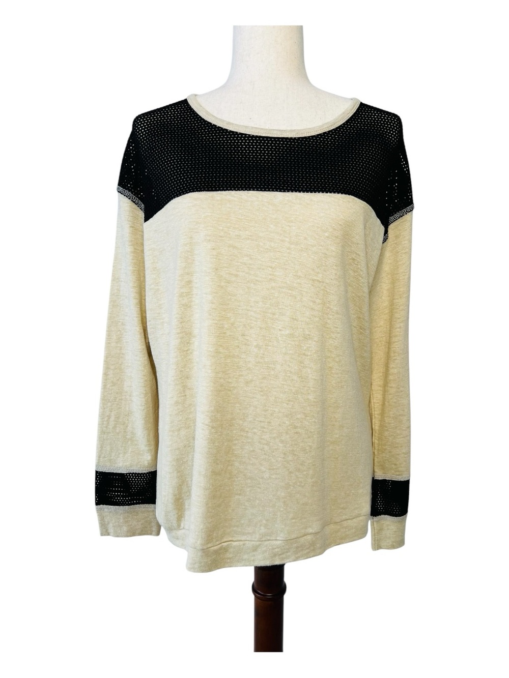 Isabel Lu Long Sleeve Tan with Black Cotton Blend Top Size Large